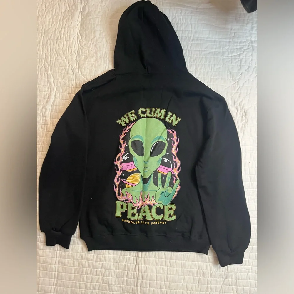 Black Graphic Hoodie with 'We C'm In Peace' Print - Picture 4 of 4